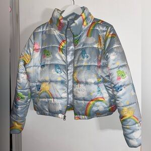 Care Bears Satin Pastel Rainbow Puffer Crop Jacket women’s M Medium *oversized*